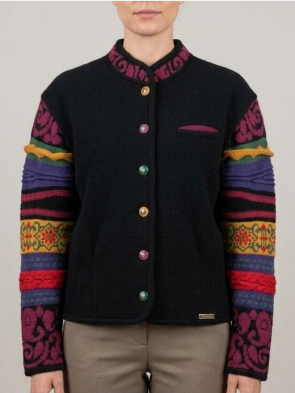 Geiger Black Wool Blend Cardigan with Multicolor Patterned Sleeves
